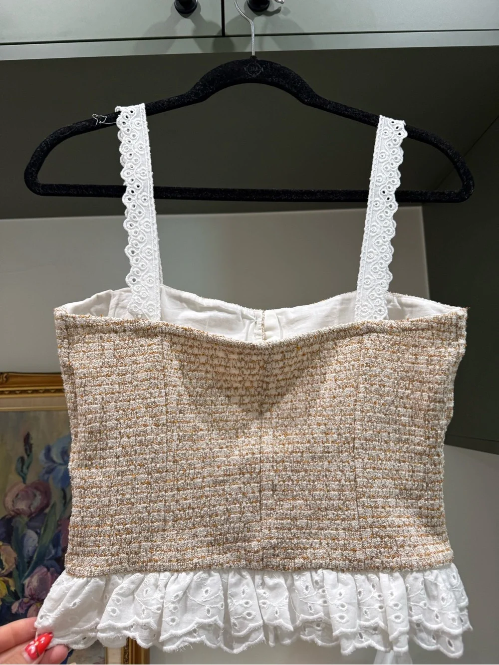 NWT Zara Ecru Brown Combination Textured Crop Top Lace Trim Size S